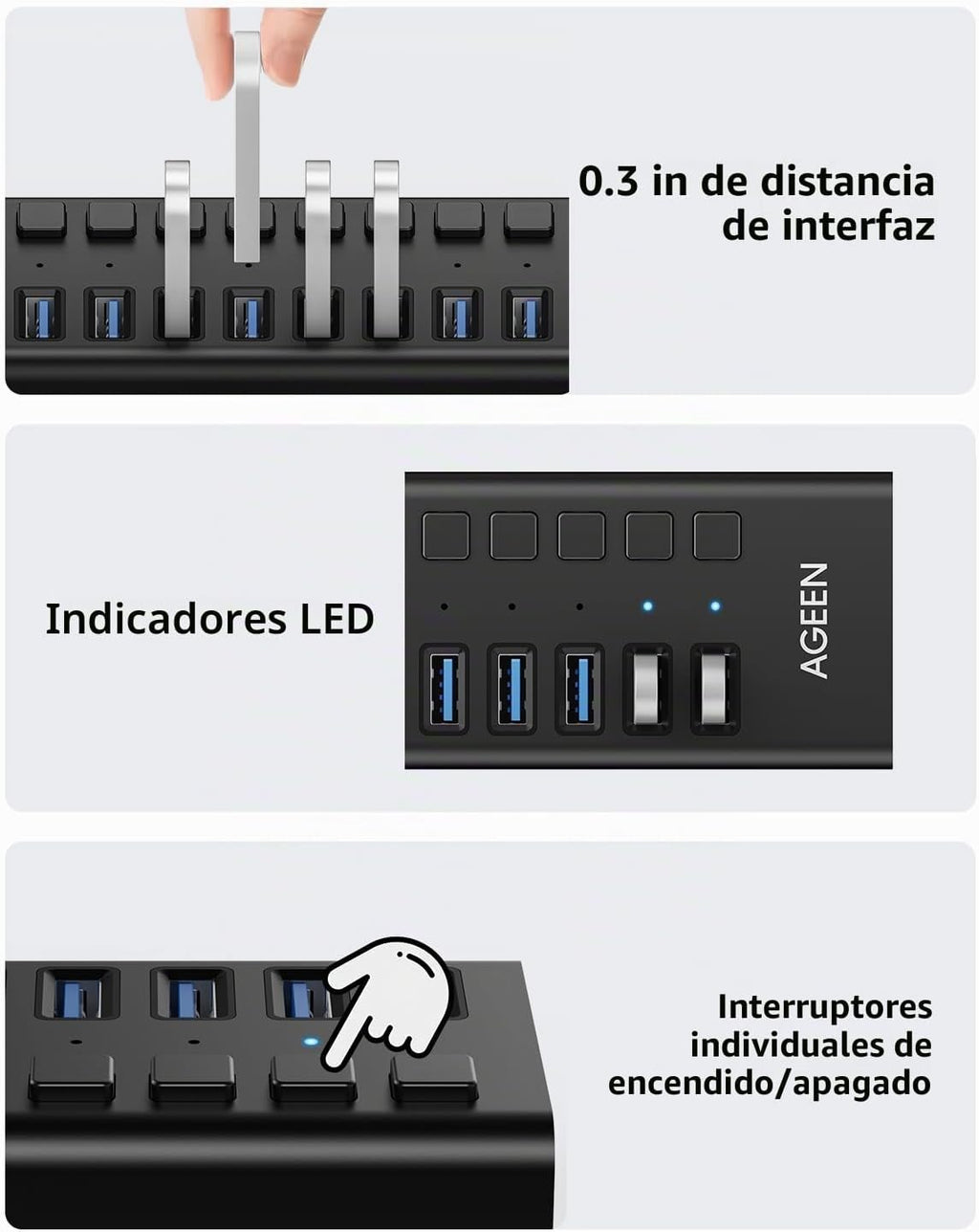 AGEEN, hub USB 3.2 de 10 puertos, alimentado, adaptador 12V/4A