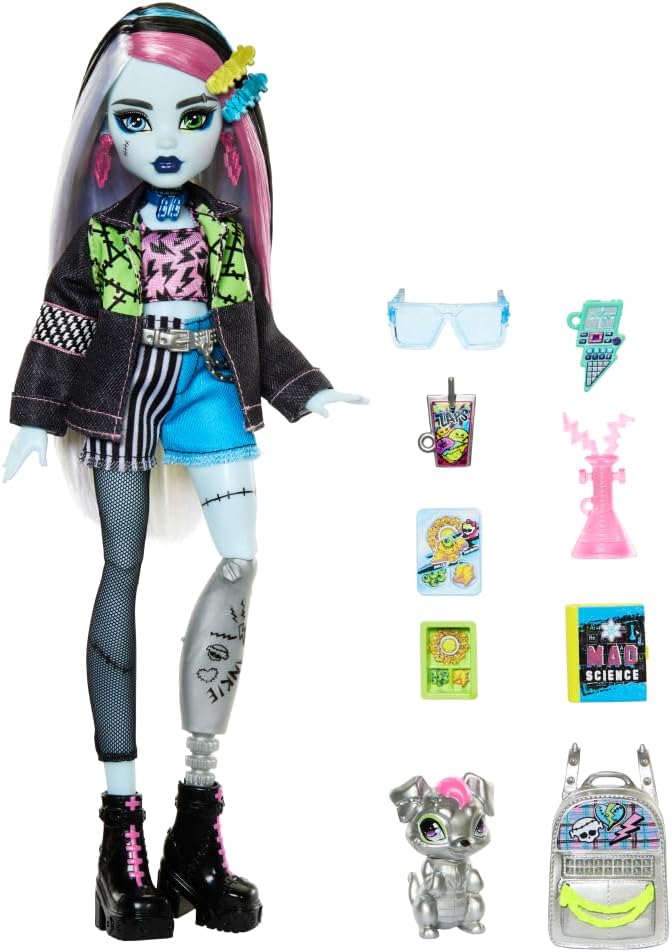 Muñeca Monster High Frankie Stein con chaqueta de mezclilla y panta...