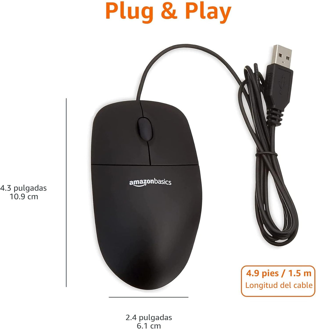 AmazonBasics Ratón de computadora con cable USB de 3 botones (negro...