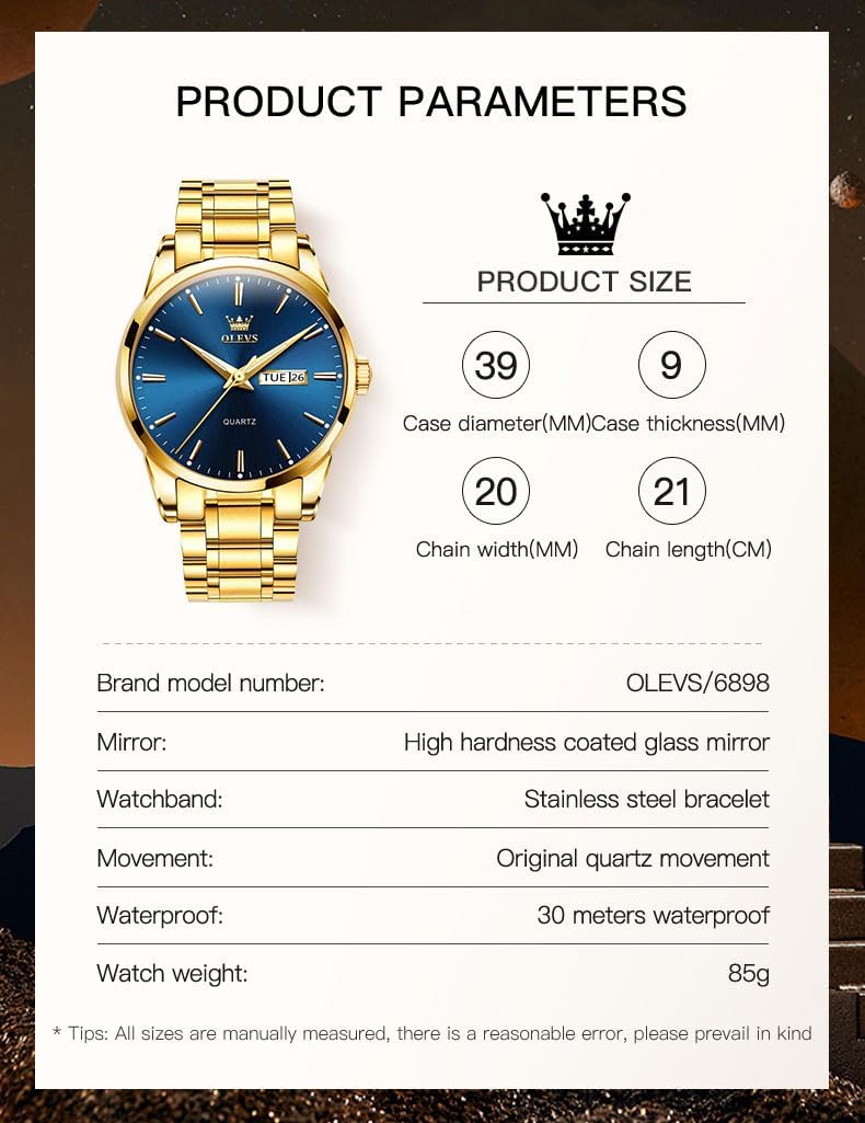OLEVS Relojes para Hombre de Lujo a prueba de agua Lúminosos de lectura fácil Cronógrafo Con Esmalte Dorado Completo / Blanco Dial / Cara Negra Calendario Pulsera Relojes