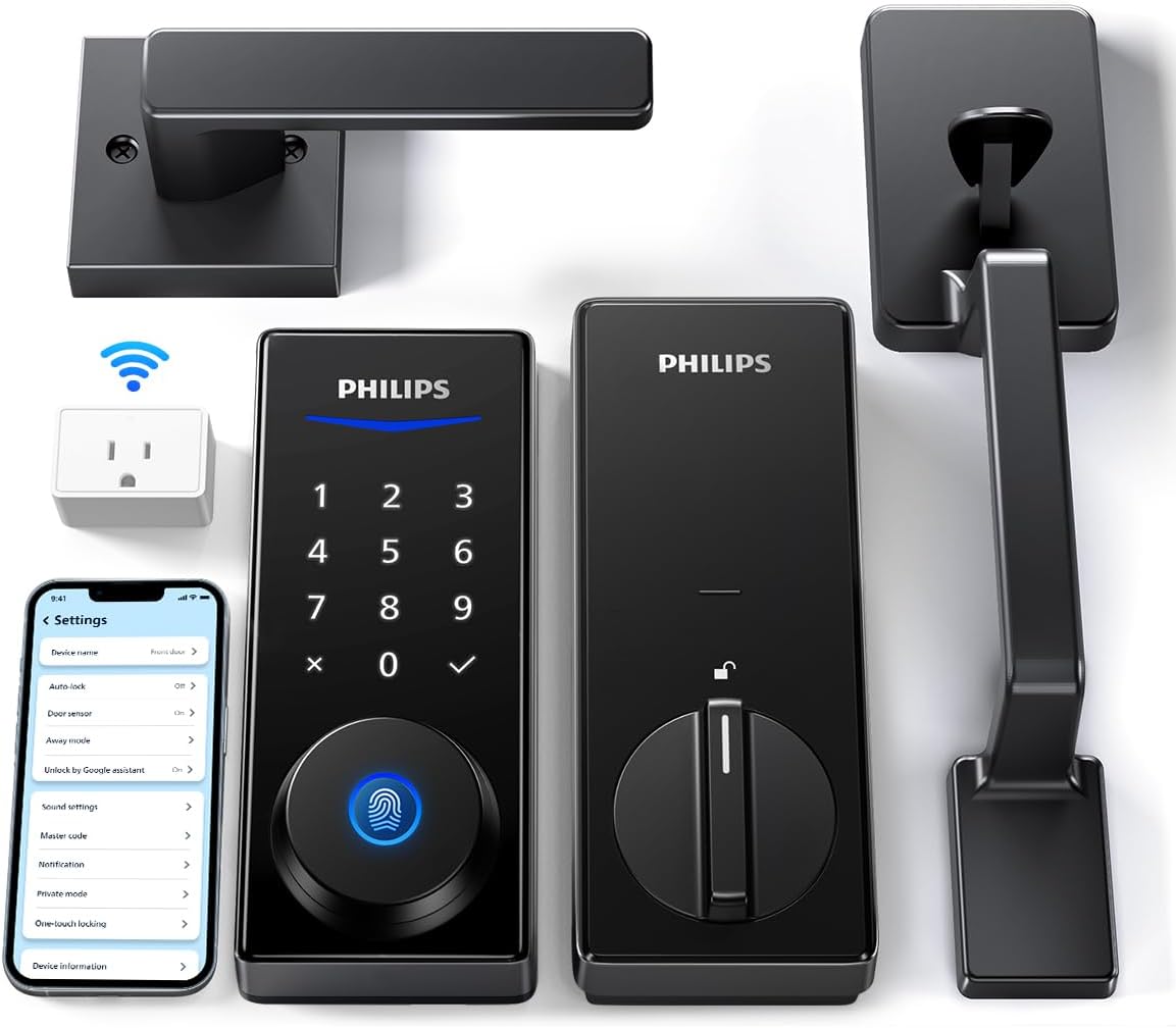 Philips Cerradura inteligente Wi-Fi con asa, cerradura de puerta con teclado de entrada sin llave con asa, juego de cerrojos para puerta delantera con puerta de enlace WiFi, control de aplicaciones