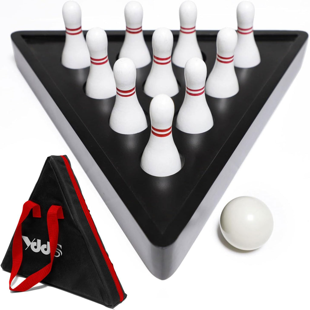 Juego de alfileres de bolos de tejo con 10 pines de bolos de madera dura de alta calidad, bola de boliche triangular Durabel de resina y bolsa de transporte, diversión para juegos de tejo