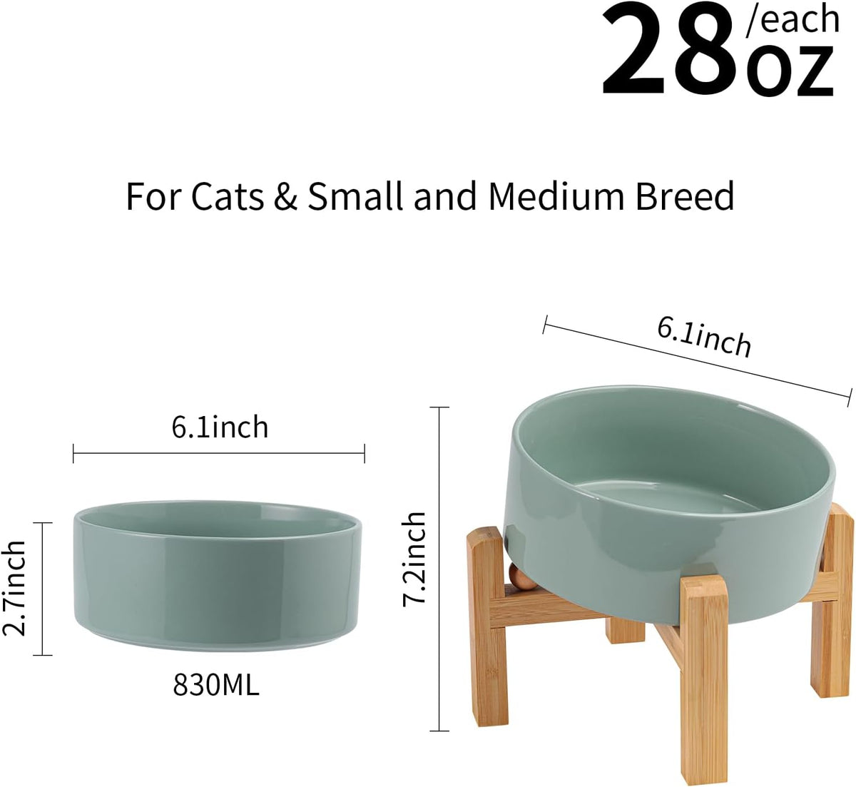 Tazón elevado de cerámica antideslizante de 15° inclinado para perros de razas pequeñas/medianas, plato inclinado de cara grande, plato de alimentación de agua para mascotas con soporte para
