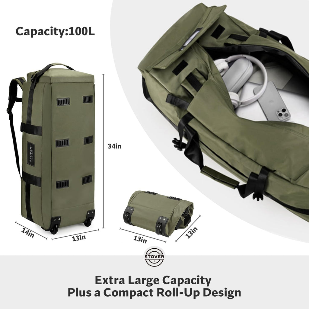 45/80/100/120L Bolsa de lona con ruedas, bolsa de viaje extra grande duradera + bolsa de aseo personal, resistente, plegable con correas para el hombro, uso como equipaje o mochila