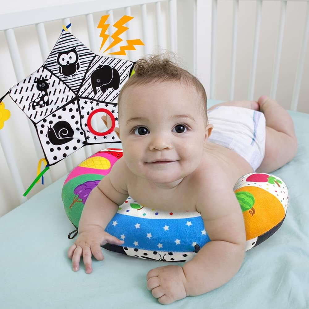 teytoy Almohada Tummy Time con alfombrilla arrugada y mordedores, juguetes para bebés en blanco y negro de alto contrasto con espejo, juguete sensorial Montessori para gatear para bebés recién nacidos