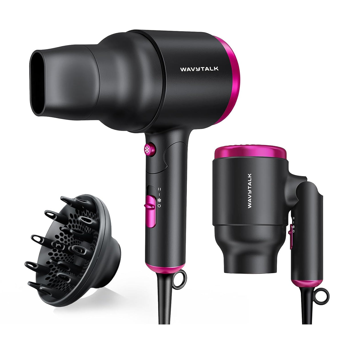 Wavytalk Secador de pelo con difusor, secador de pelo plegable, dif...