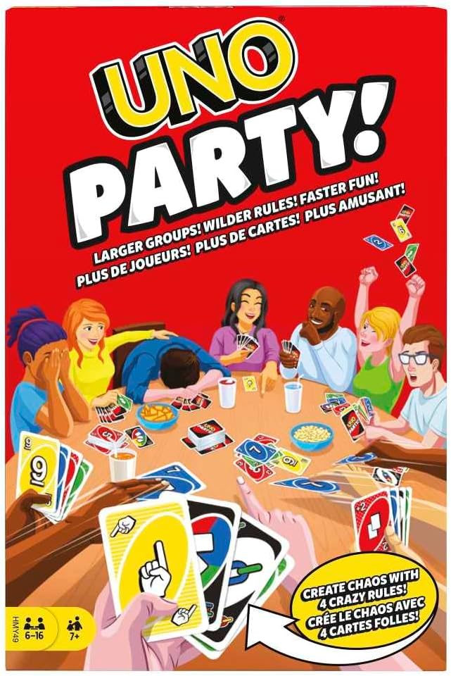 Mattel, ¡Juego de cartas UNO para fiestas! ¡Grupos más grandes! ¡Reglas más salvajes! ¡Diversión más rápida!