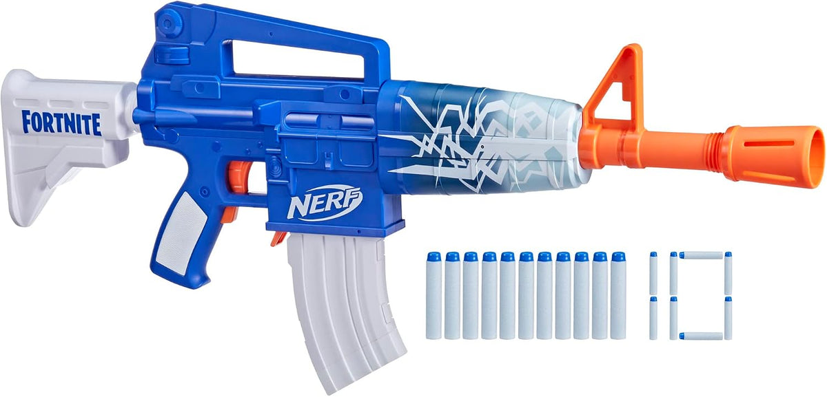 Nerf Fortnite Blue Shock Blaster, cargador de 10 dardos, 10 dardos Nerf Elite, incluye código de bonificación para desbloquear The Beat Wrap en el juego, lanzador de dardos motorizado
