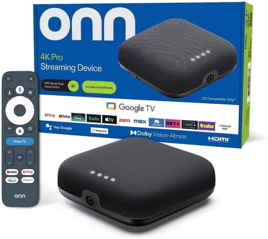 IT'S BRAZILIAN onn - Dispositivo de transmisión 4K Pro, Google TV con Gemini* - Transmisión ultrarrápida, impresionante 4K UHD, 32 GB de almacenamiento, 3 GB de RAM, Dolby Vision y Atmos, Find My Remote con luz de fondo, puerto Ethernet