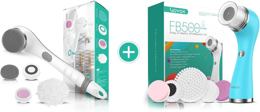 VOYOR Cepillo eléctrico para el cuerpo para la ducha, cepillo de limpieza facial recargable, cepillo giratorio impermeable 5 en 1 para limpieza profunda de la piel