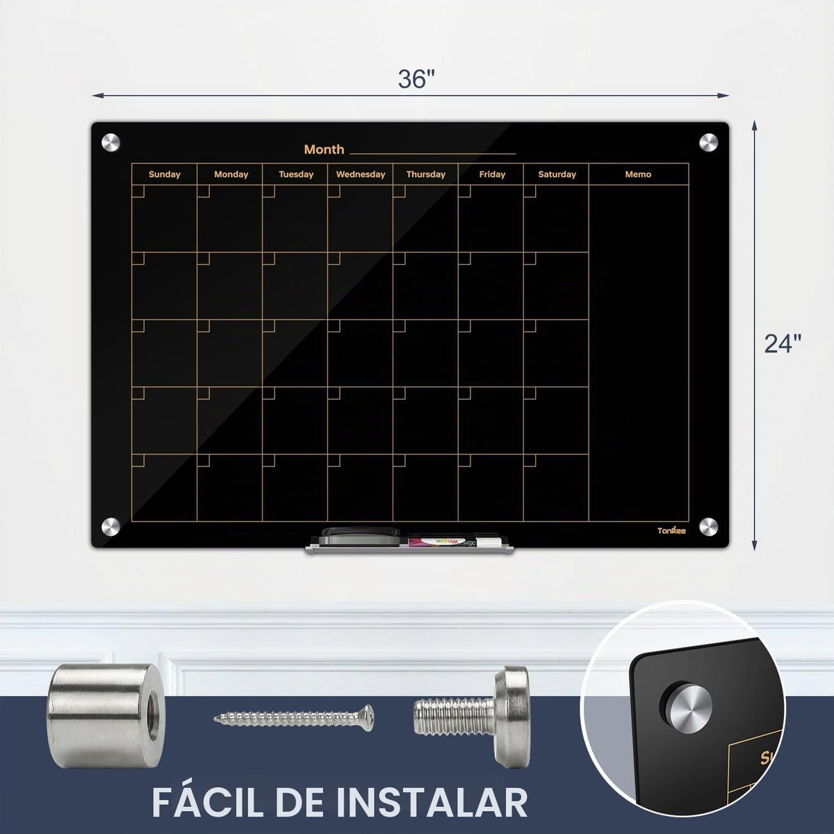 Pizarra blanca con calendario para pared, 36 x 24 pulgadas, cristal