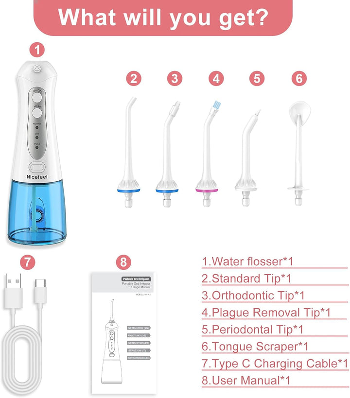Nicefeel - Irrigador Dental Inalámbrico Limpiador de Dientes, 10.1...