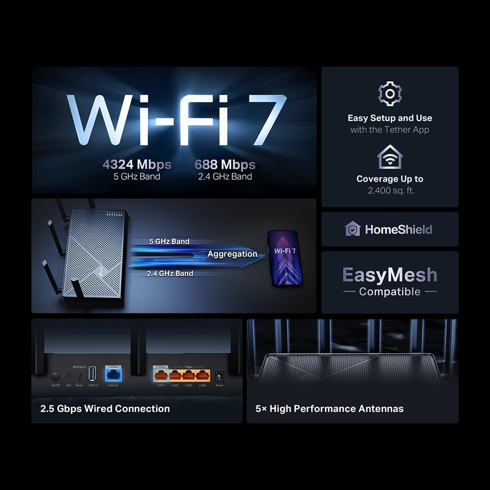TP-Link Dual-Band BE5000 WiFi 7 Router Archer BE260 | 5-Stream 5Gbp...