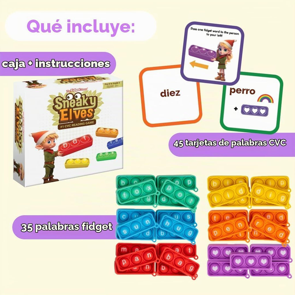 THE FIDGET GAME Elfos Furtivos, Juego de Palabras de Vista CVC, Juguete Sensorial Pop para Aprender y Deletrear, Actividades Educativas en el Aula de Kindergarten, Lectura Multisensorial y Tarjetas