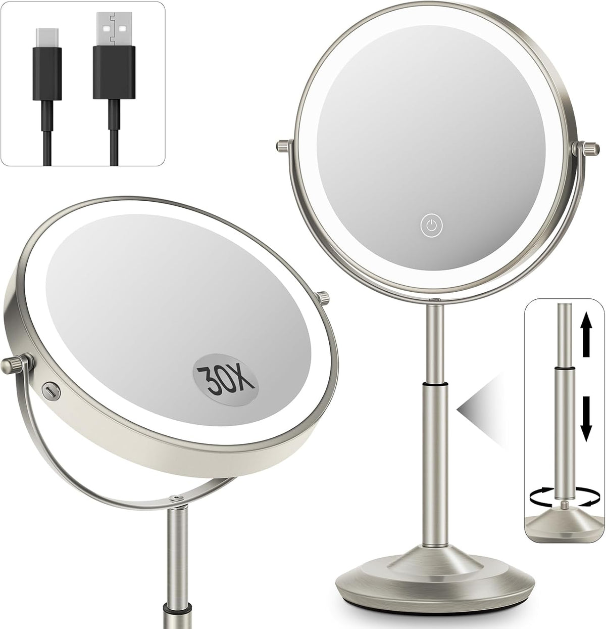 Espejo de maquillaje iluminado de 8 pulgadas con luz, espejo ajustable de altura de aumento 30X