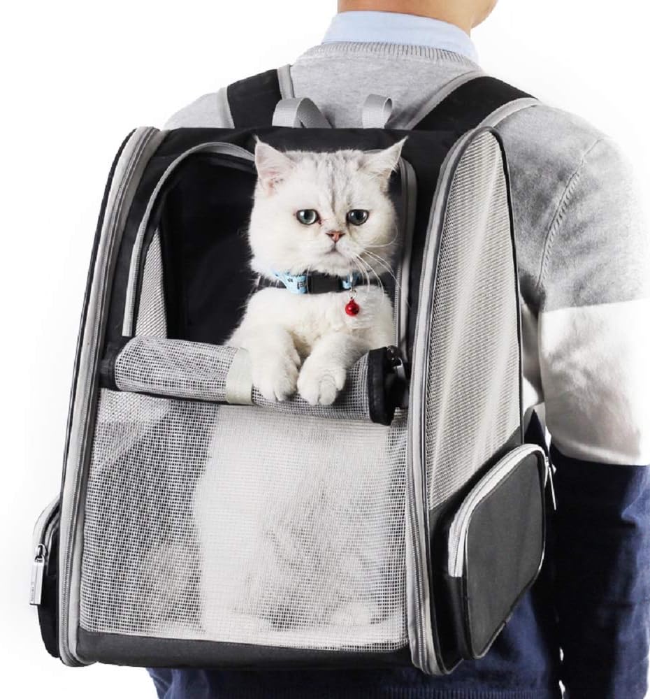 Texsens - Mochila para transporte de mascotas, con un innovador sistema de burbuja, ideal como transportín para gatos y perros (negro)