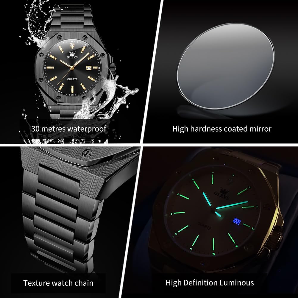 OLEVS Relojes para hombres de lujo octagonales en acero inoxidable de pulsera: reloj analógico de cuarzo de cara grande luminosa