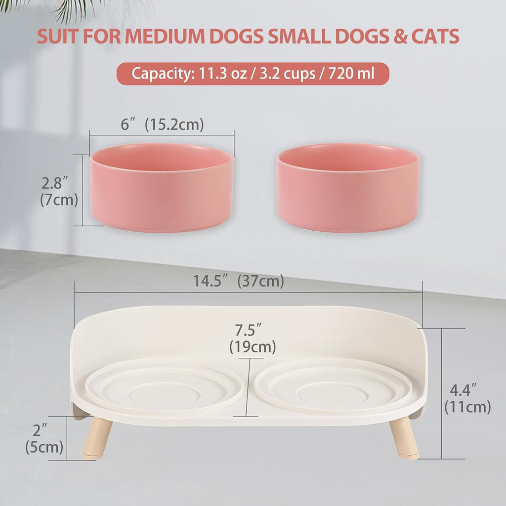 Juego de cuencos elevados de cerámica para perros – Cuencos dobles para alimentación para perros con soporte a prueba de salpicaduras – Platos elevados para alimentos y agua – Ideal para perros pequeños a medianos – 2 x 24.3 fl oz – 11.3 oz – Rosa
