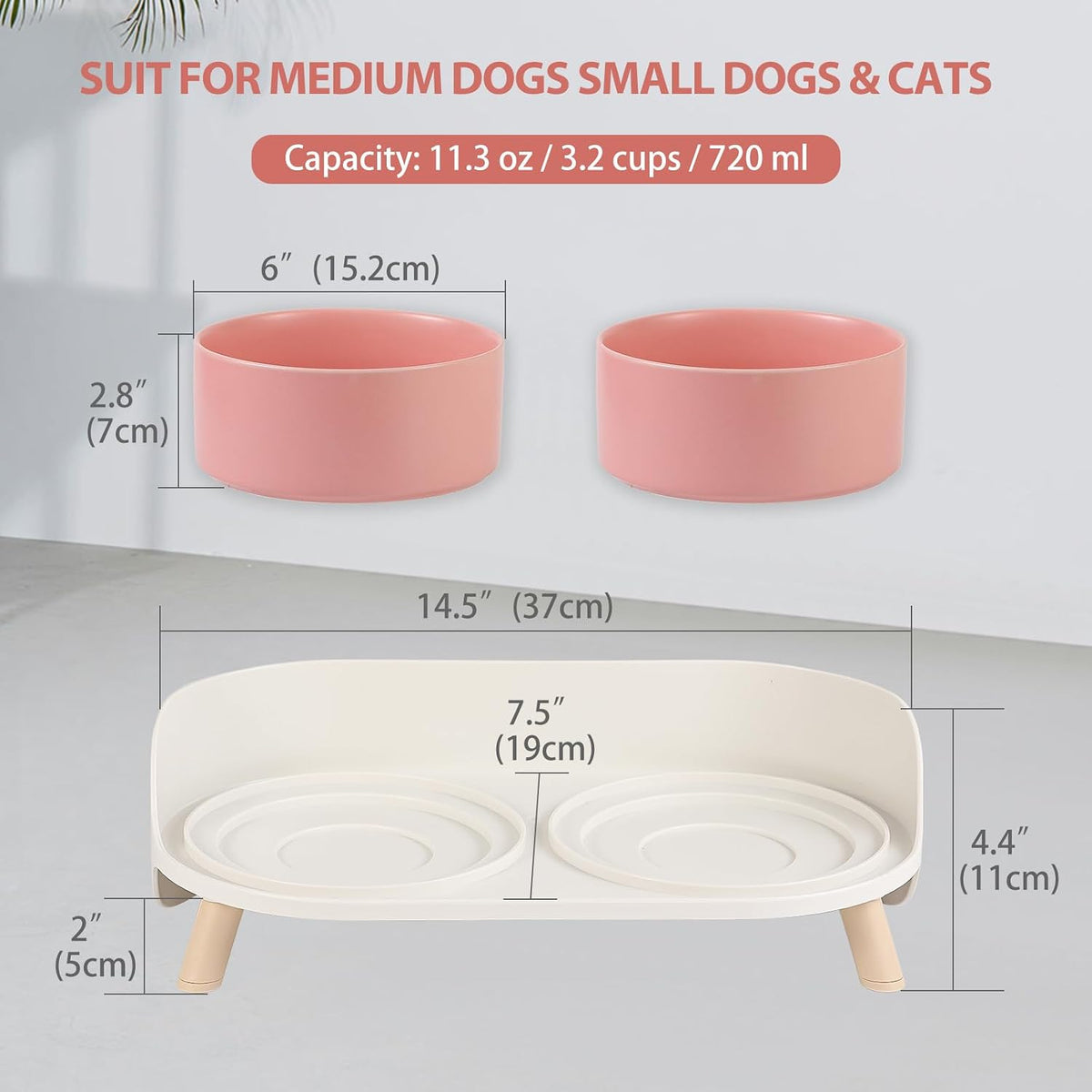 Juego de cuencos elevados de cerámica para perros – Cuencos dobles para alimentación para perros con soporte a prueba de salpicaduras – Platos elevados para alimentos y agua – Ideal para perros pequeños a medianos – 2 x 24.3 fl oz – 11.3 oz – Rosa