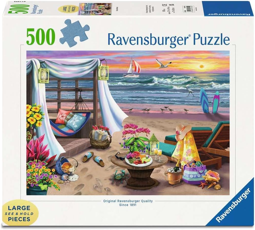 Ravensburger - Cabana Retreat - Rompecabezas de gran formato de 500 piezas - Disfruta de brisas tranquilas y saladas y una impresionante puesta de sol en el océano - Enmarcable - Calidad premium