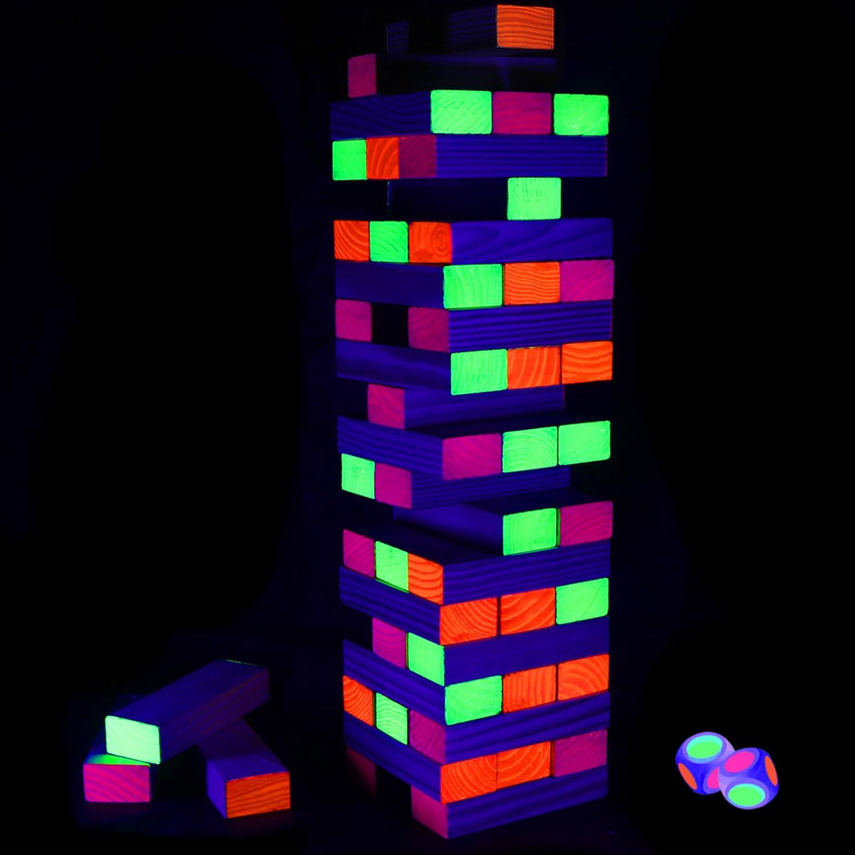 Lámpara Ahuimeius Juego de mesa Glow Tumble Tower de 54 piezas, torre que brilla en la luz negra, juego de mesa para interiores y exteriores para adultos para noche de juegos familiares