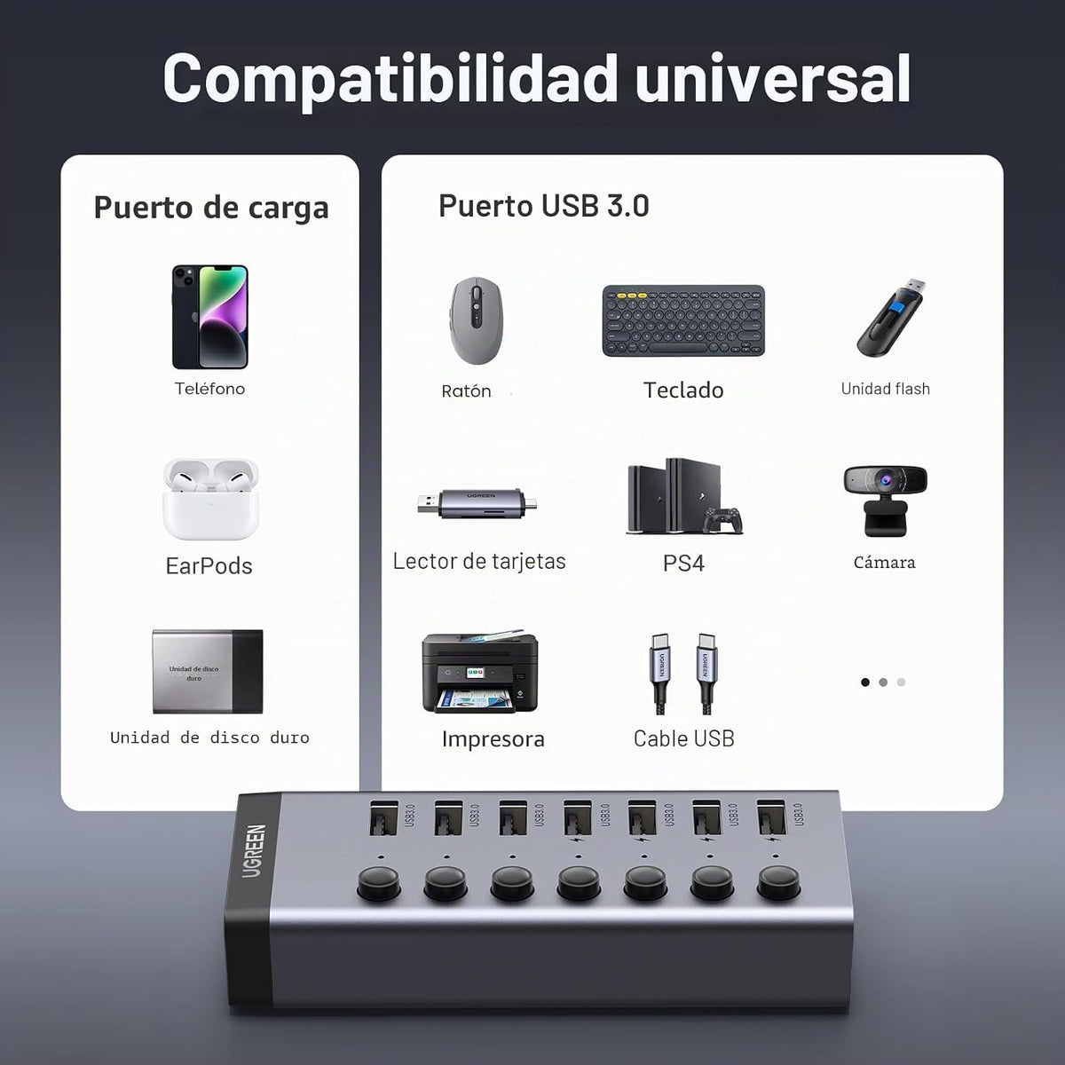 UGREEN, 90305, hub USB 3.0 de 7 puertos, adaptador 12V/2A