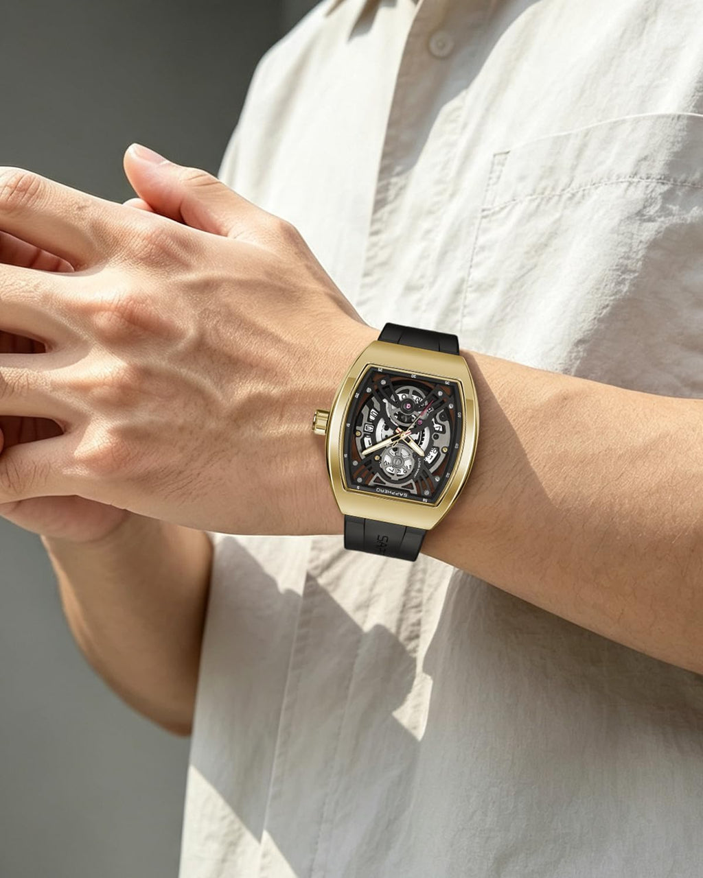 SAPPHERO Reloj para hombre, esfera de esqueleto Tonneau, caja de acero inoxidable, movimiento de cuarzo japonés, correa de silicona, reloj de pulsera deportivo y de moda, resistente a los 30M, fecha
