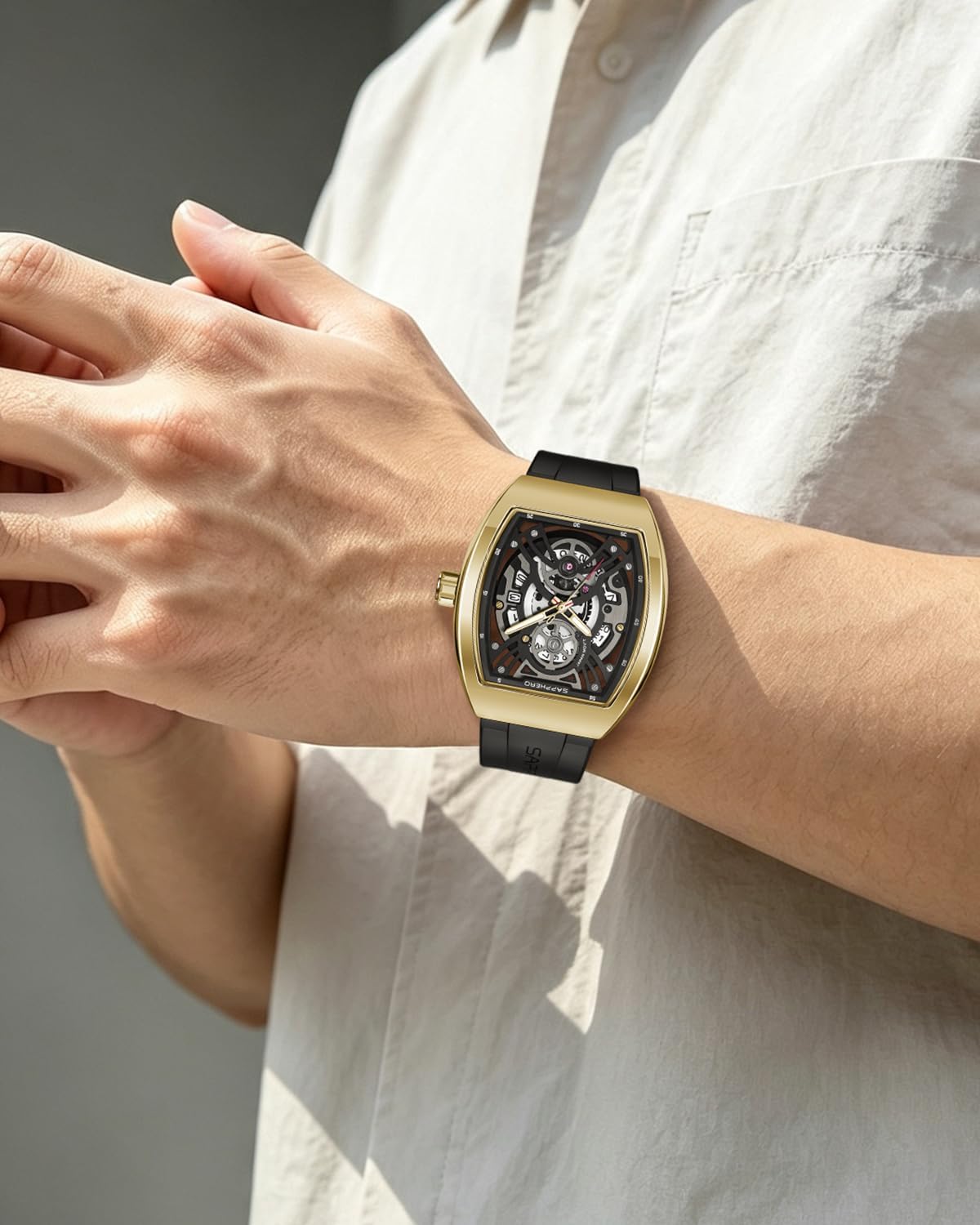 SAPPHERO Reloj para hombre, esfera de esqueleto Tonneau, caja de acero inoxidable, movimiento de cuarzo japonés, correa de silicona, reloj de pulsera deportivo y de moda, resistente a los 30M, fecha
