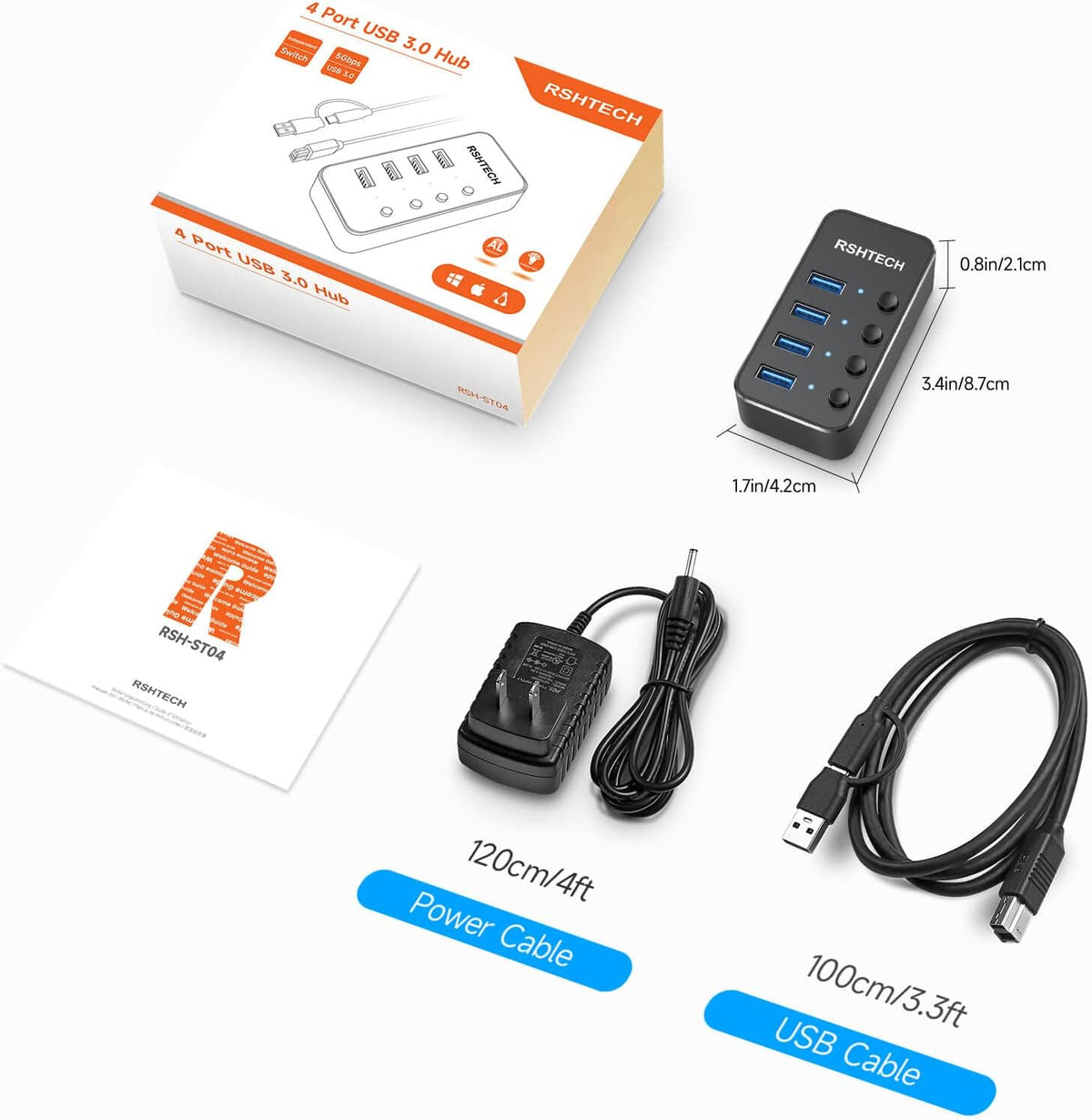 RSHTECH, hub USB 3.0 de 4 puertos, alimentado