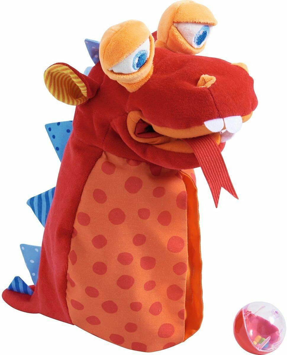 HABA Marioneta de guante córtalo con dragón, marioneta de mano que come objetos pequeños, juguetes perfectos para niños a partir de 18 meses, marionetas de mano sensoriales, juguetes preescolares