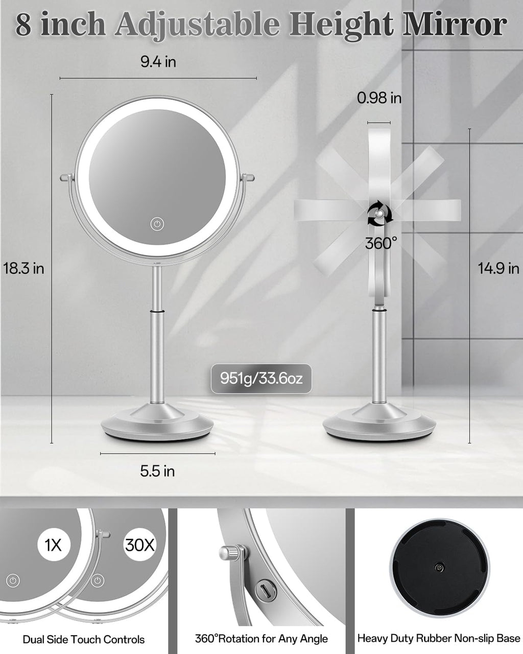 Espejo de maquillaje iluminado de 8 pulgadas con luz, espejo ajustable de