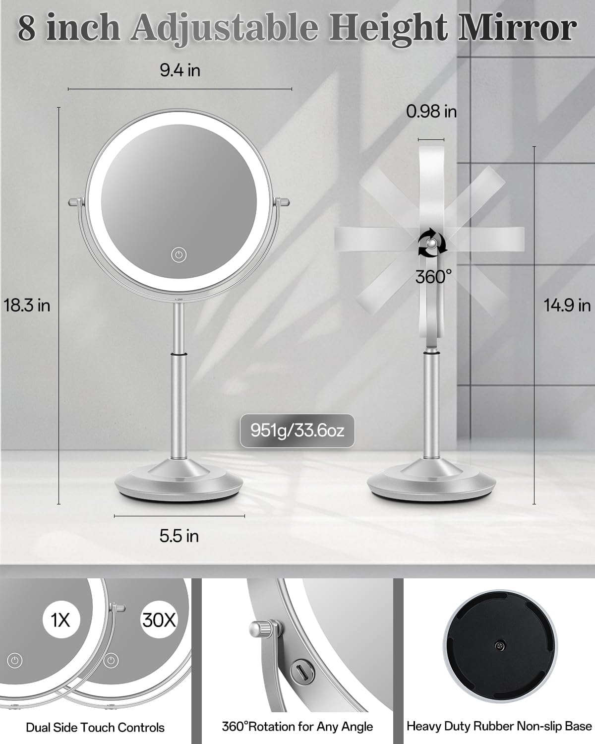 Espejo de maquillaje iluminado de 8 pulgadas con luz, espejo ajustable de