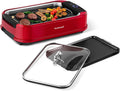 Techwood - Parrilla sin humo para interiores, parrilla eléctrica para interiores de 1500 W con tapa de vidrio templado, barbacoa coreana antiadherente portátil, tecnología de extracción de humo turbo, bandeja de goteo y placa extraíble doble, rojo