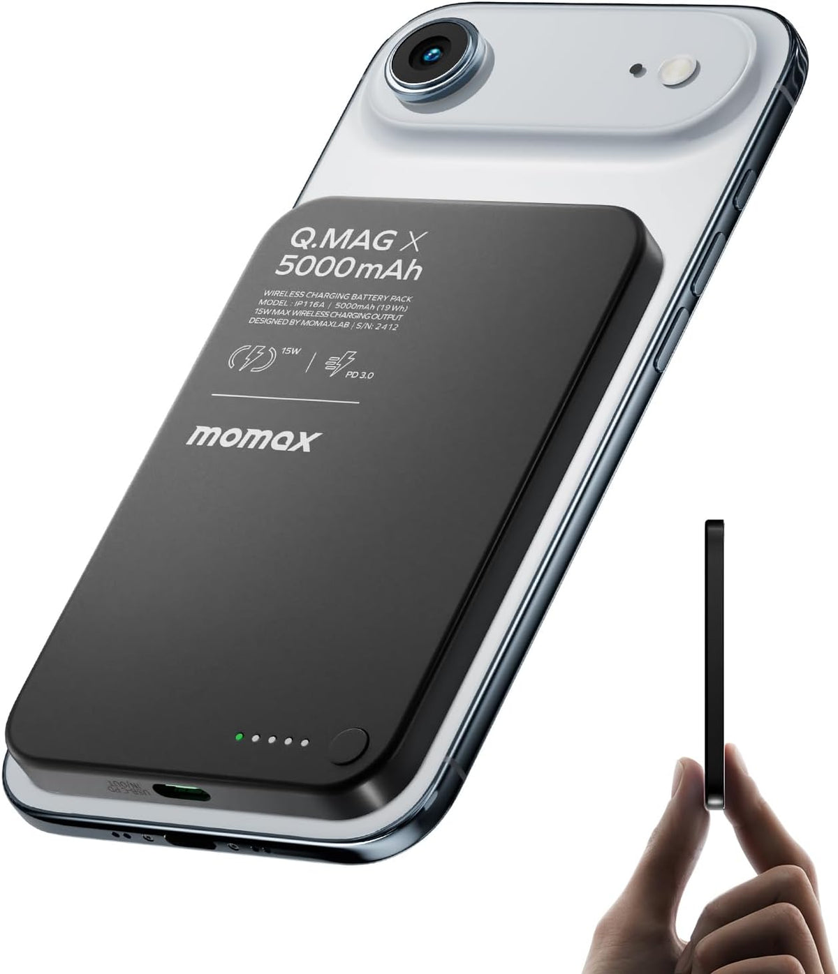 MOMAX Banco inalámbrico magnético del poder, 5000mAh delgado 0,3" cargador