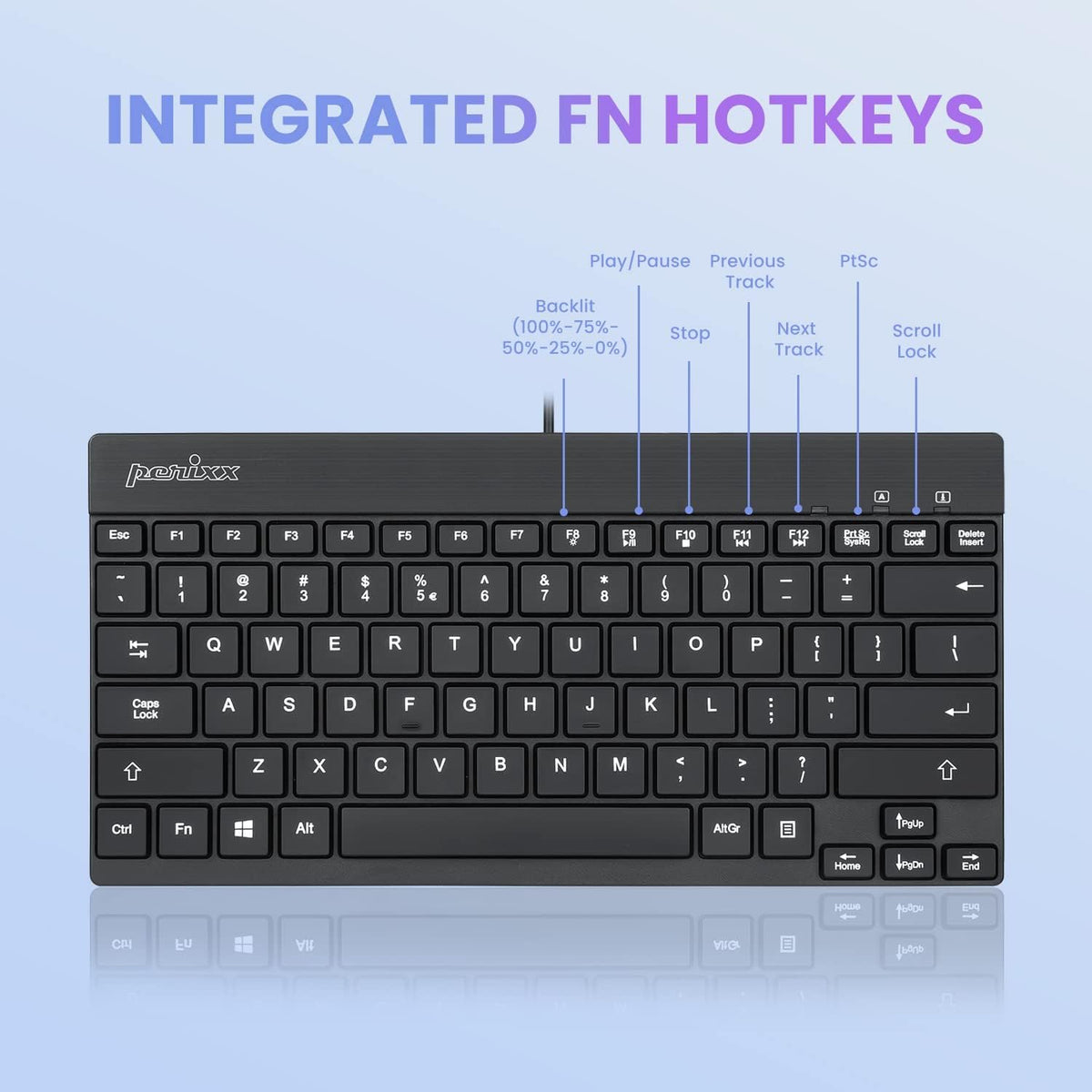 Perixx PERIBOARD-326 - Teclado USB mini retroiluminado con cable co...