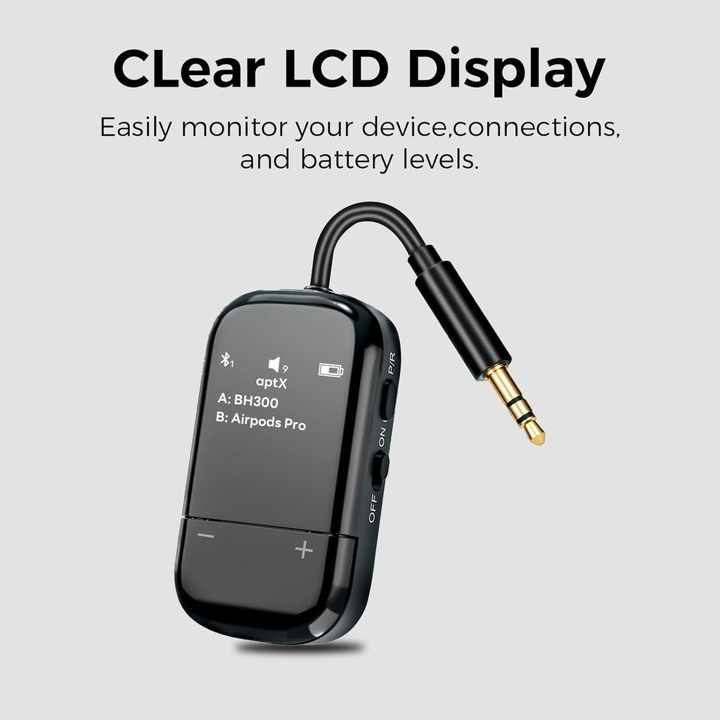Transmisor de audio Bluetooth 5.3 para avión con Qualcomm aptX adaptativo, pantalla LCD, soporte de dispositivo doble, batería de 30 horas, AUX de 0.138 in para viajes, vuelo, gimnasio