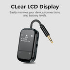 Transmisor de audio Bluetooth 5.3 para avión con Qualcomm aptX adaptativo, pantalla LCD, soporte de dispositivo doble, batería de 30 horas, AUX de 0.138 in para viajes, vuelo, gimnasio