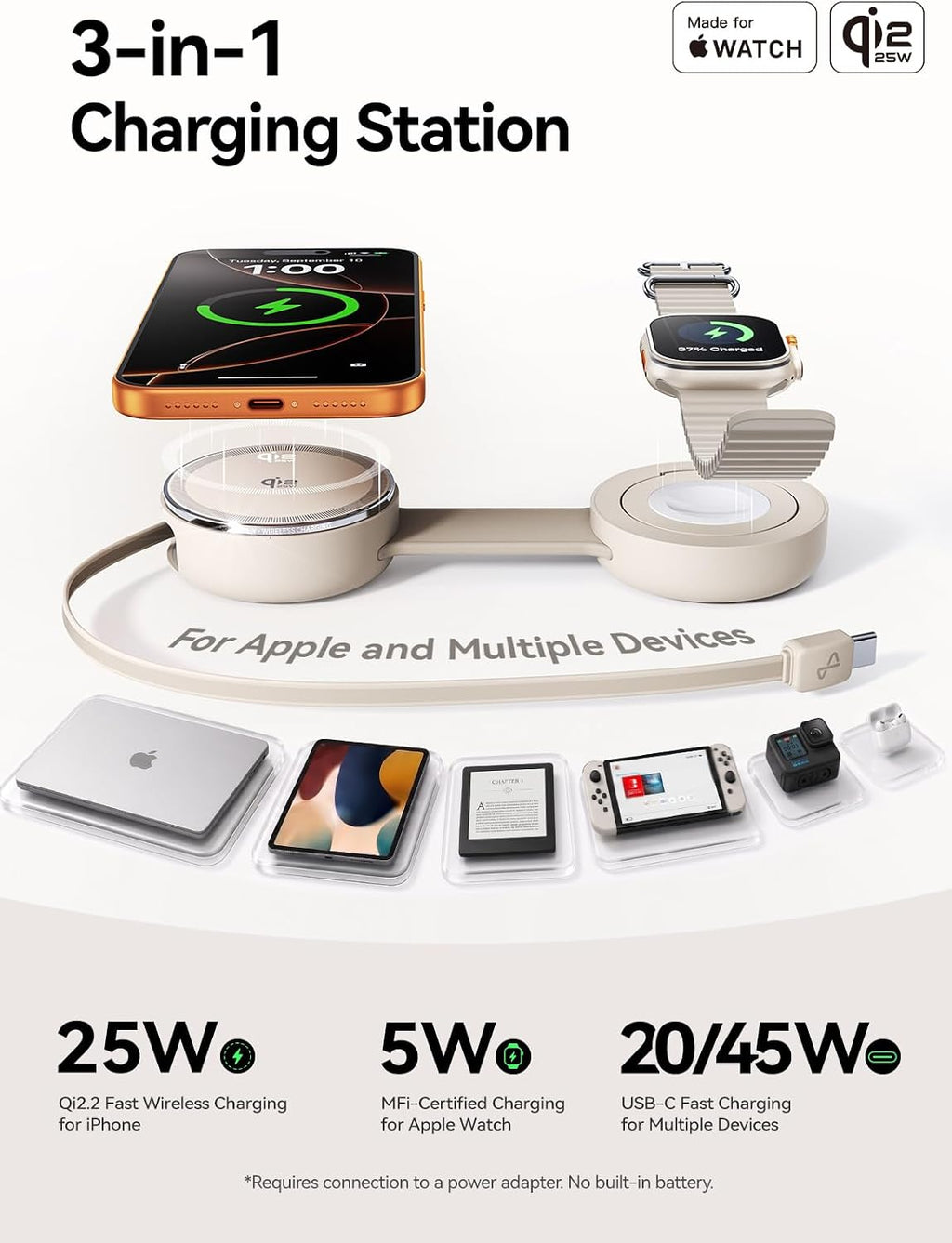 Estación de carga 3 en 1 para Apple, cargador inalámbrico Qi2.2