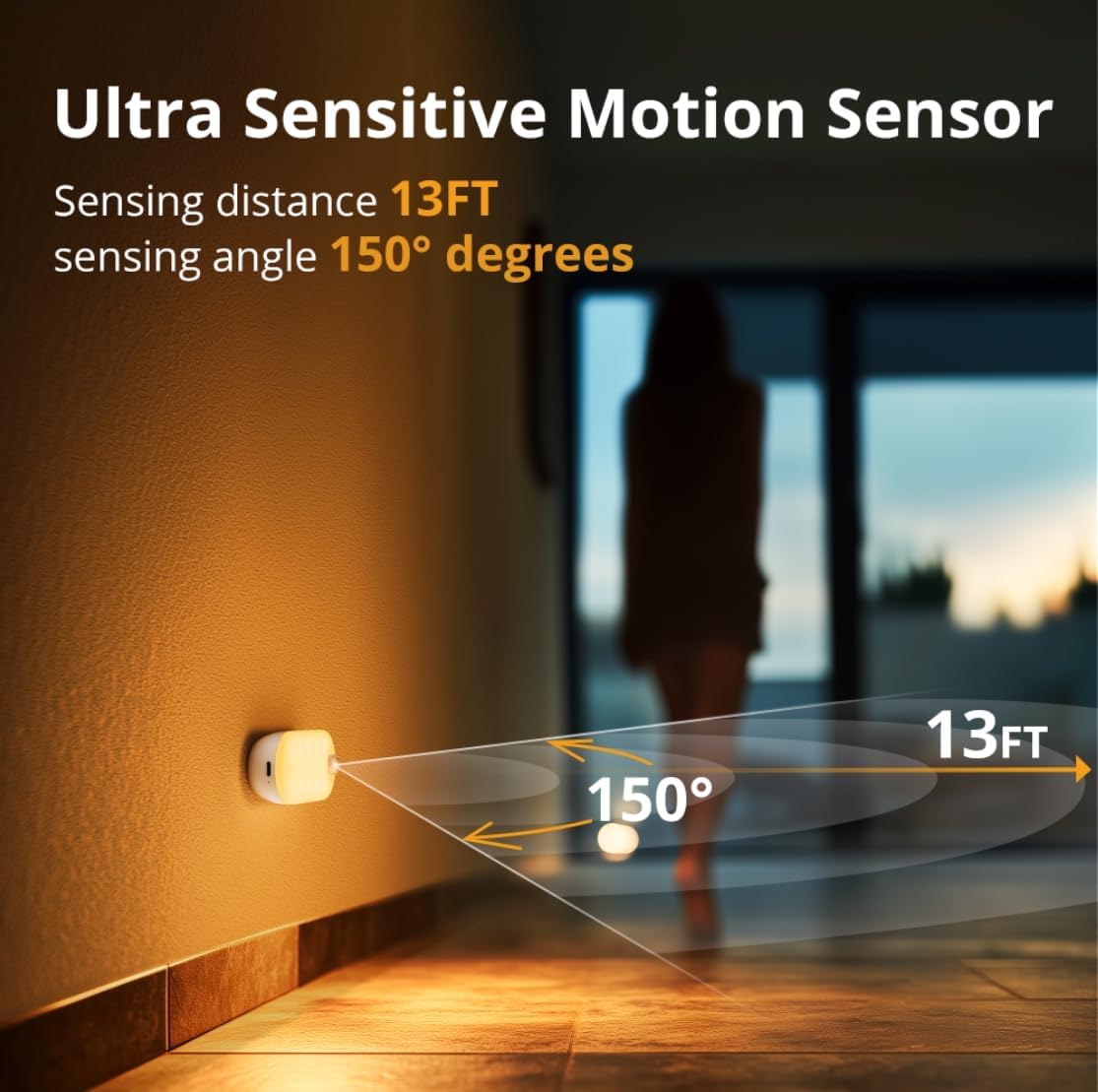 Luz Nocturna Recargable con Sensor de Movimiento, Funciona con Pilas de 1500mAh, Luz LED Adhesiva para Armario, Luminosidad Ajustable de 1-80LM para Baño, Cocina, Escaleras, Pasillo, 3 Paquetes