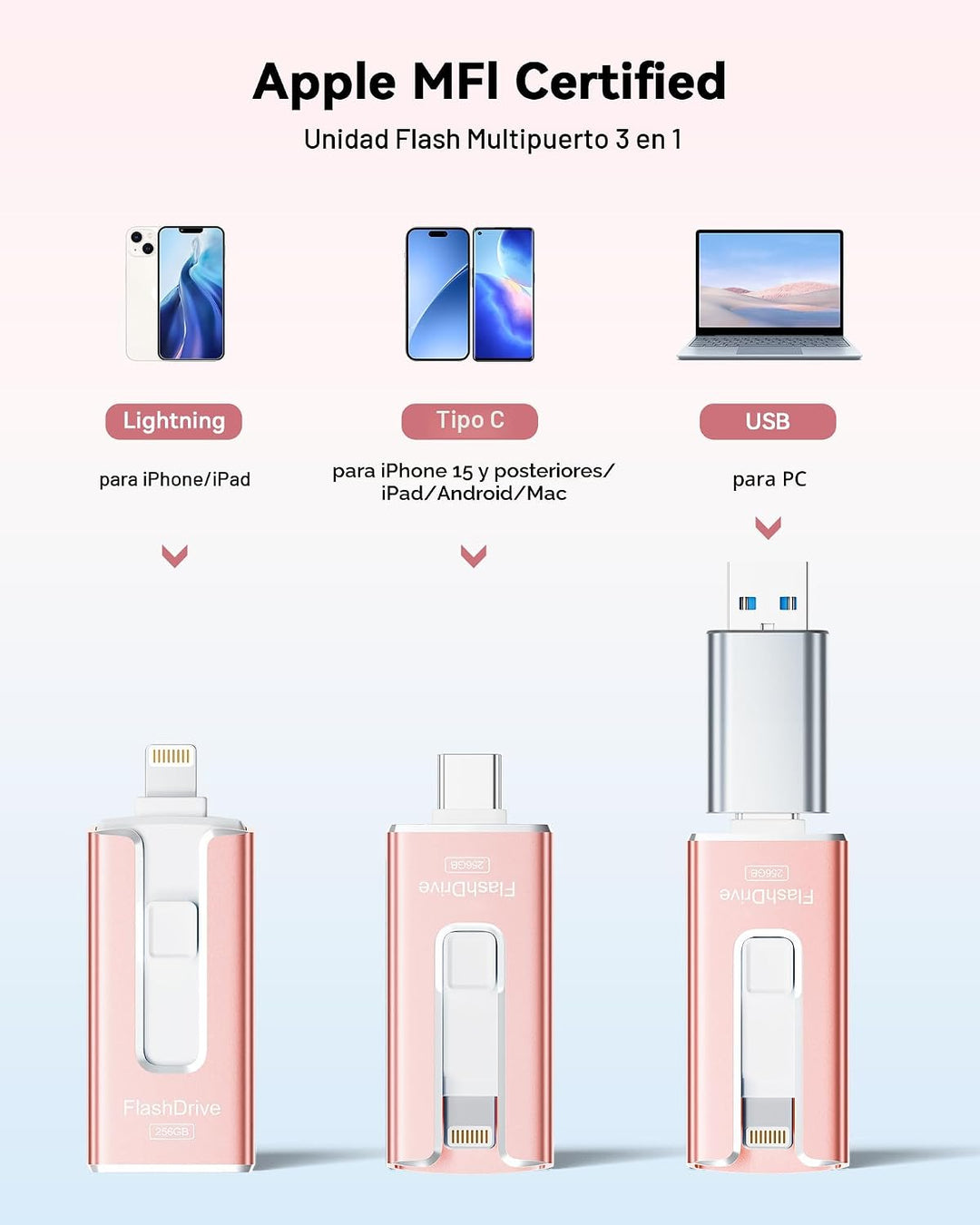 Unidad flash de 256 GB con certificación MFi para iPhone, memoria U...