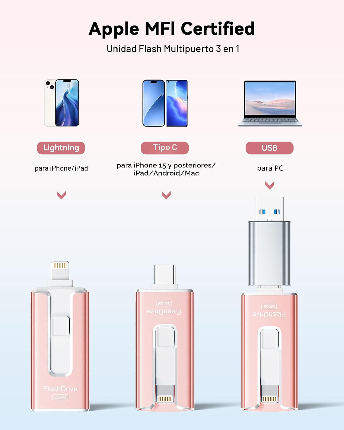 Unidad flash de 256 GB con certificación MFi para iPhone, memoria U...