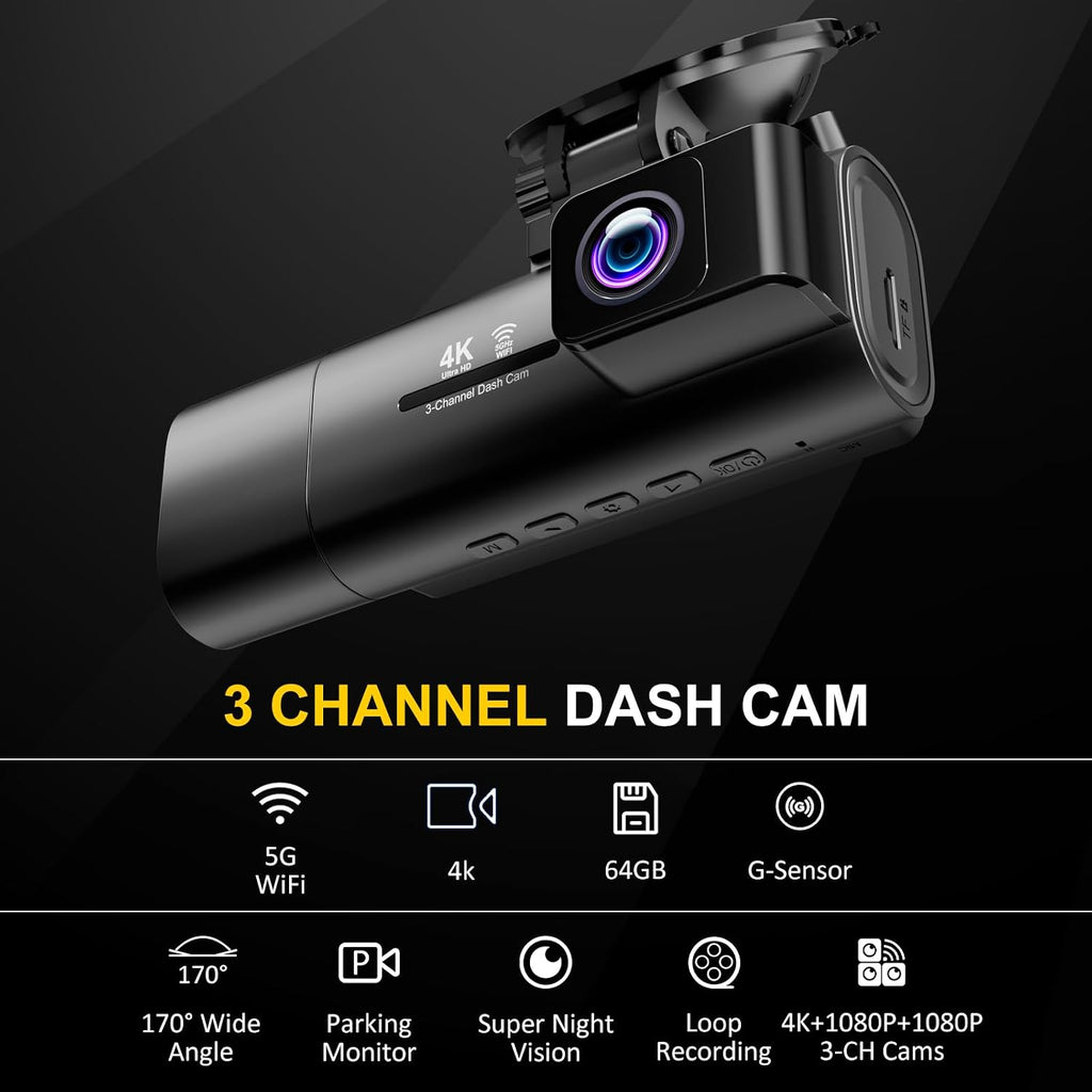 Cámara de tablero 4K delantera y trasera en el interior, 3.16 pulgadas IPS, cámara de tablero de 3 canales para automóvil con WiFi 5G, tarjeta gratuita de 64 GB, gran angular de 170°, grabación en bucle, sensor G, WDR, visión nocturna, lapso de tiempo