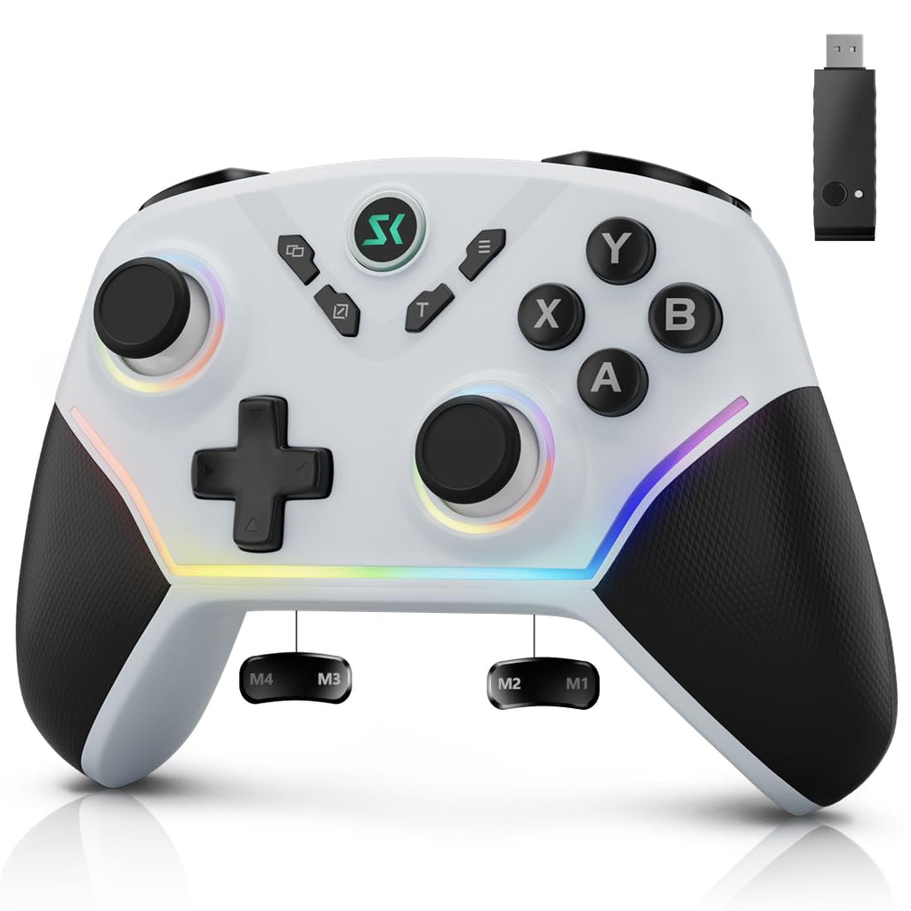 Controlador Inalámbrico Multiplataforma, Controlador de Juegos para PC con Adaptador 2.4G/Joysticks Hall/Hall Triggers/Batería de 1200 mAh/4 Botones Programables/Iluminación RGB, Compatible con PC Windows 7/8.1/10/11, Switch/OLED/Lite, iOS, Android