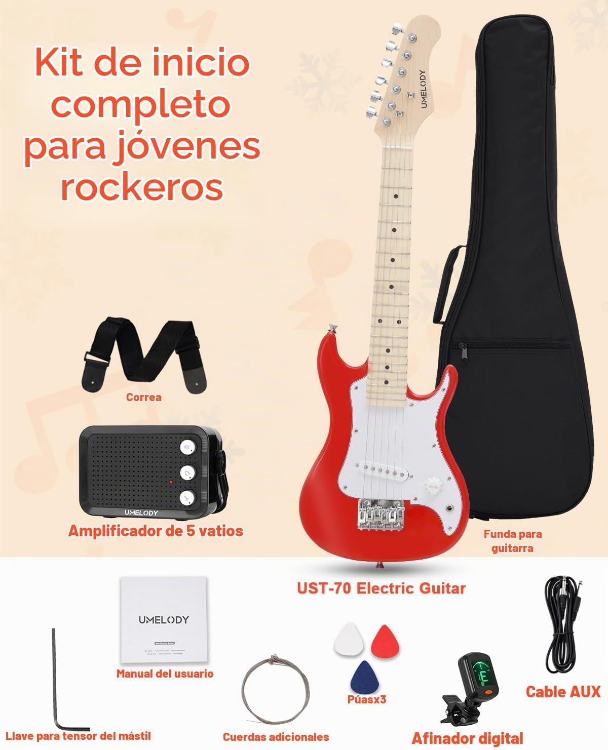 UST-70 - Kit de guitarra eléctrica para niños con amplificador, primera guitarra ideal para principiantes, guitarra ligera de 30 pulgadas para niños y niñas, divertido regalo de música para
