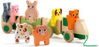DJECO Trainimo Farm, tren de madera para niños pequeños, animales apilables