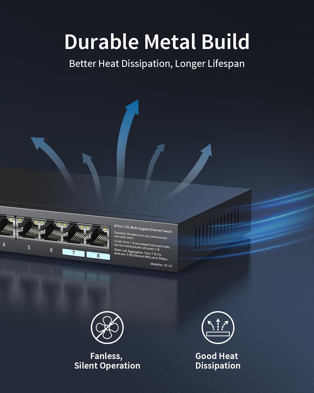 BrosTrend Interruptor 2.5Gb, Interruptor Ethernet de 8 Puertos No Administrado 2.5 Gigabit Soporta Agregación de Enlaces, Estáticos y VLAN, Sin Ventilador, Montaje de Escritorio/Pared, Divisor Multi