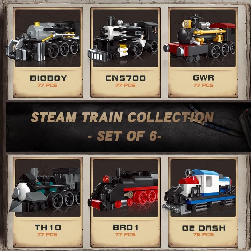 Juego de bloques de construcción de 6 trenes de vapor, 463 piezas