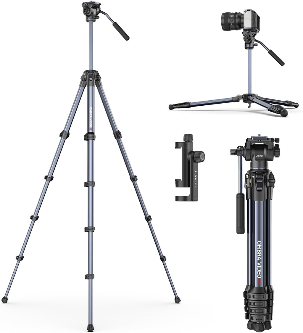 ULANZI Ombra Xiang Ⅱ - Trípode de video para cámara con cabezal fluido, trípode de viaje de 61.5 pulgadas con placa de liberación rápida de Arca giratoria de 360°, soporte portátil para cámara de teléfono, vlogging, grabación de video con bolsa de