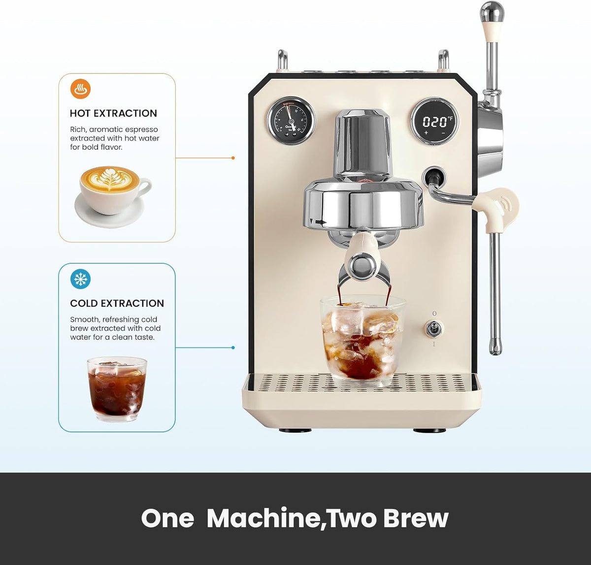 Gemilai G3006A - Máquina de café expreso, cafetera de café frío y caliente para el hogar con control de temperatura PID doble, pantalla doble, bomba de 15 bares, programa de preparación ajustable