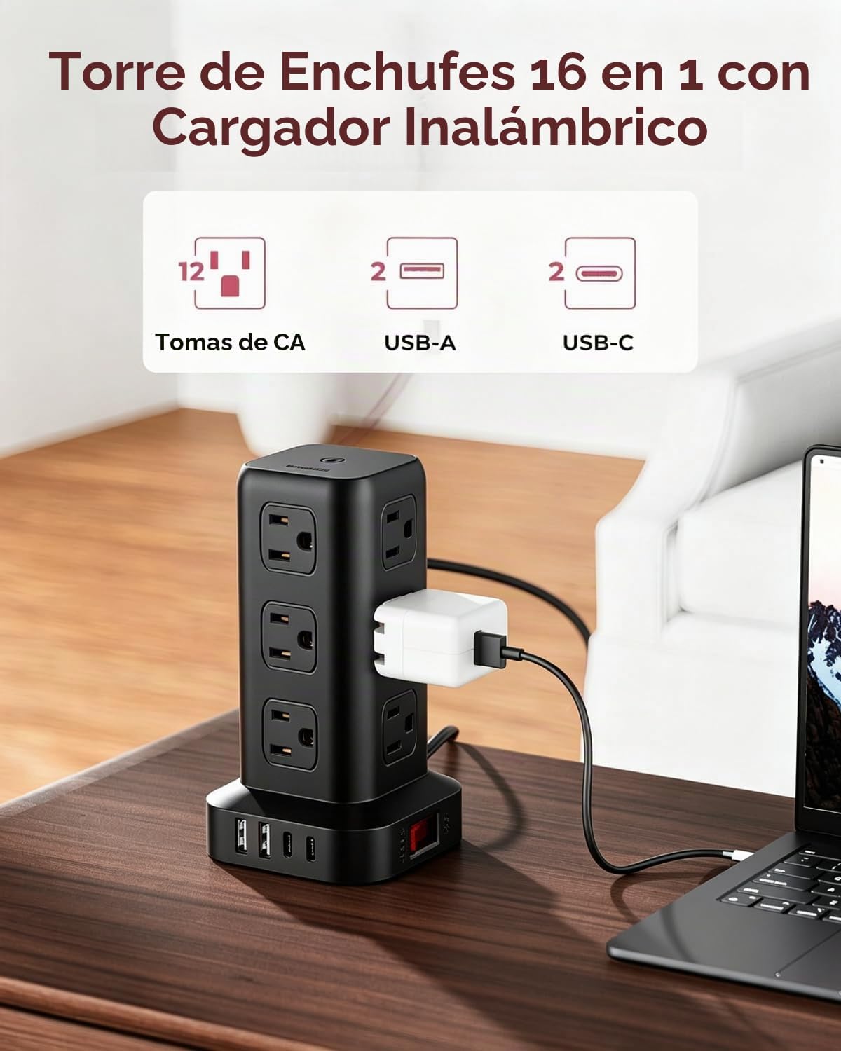 Regleta de alimentación de 6.5 pies, torre de regleta de alimentación con 4 puertos USB (2USB C), cable de extensión con 12 tomas de corriente alterna múltiples, suministros de oficina en casa
